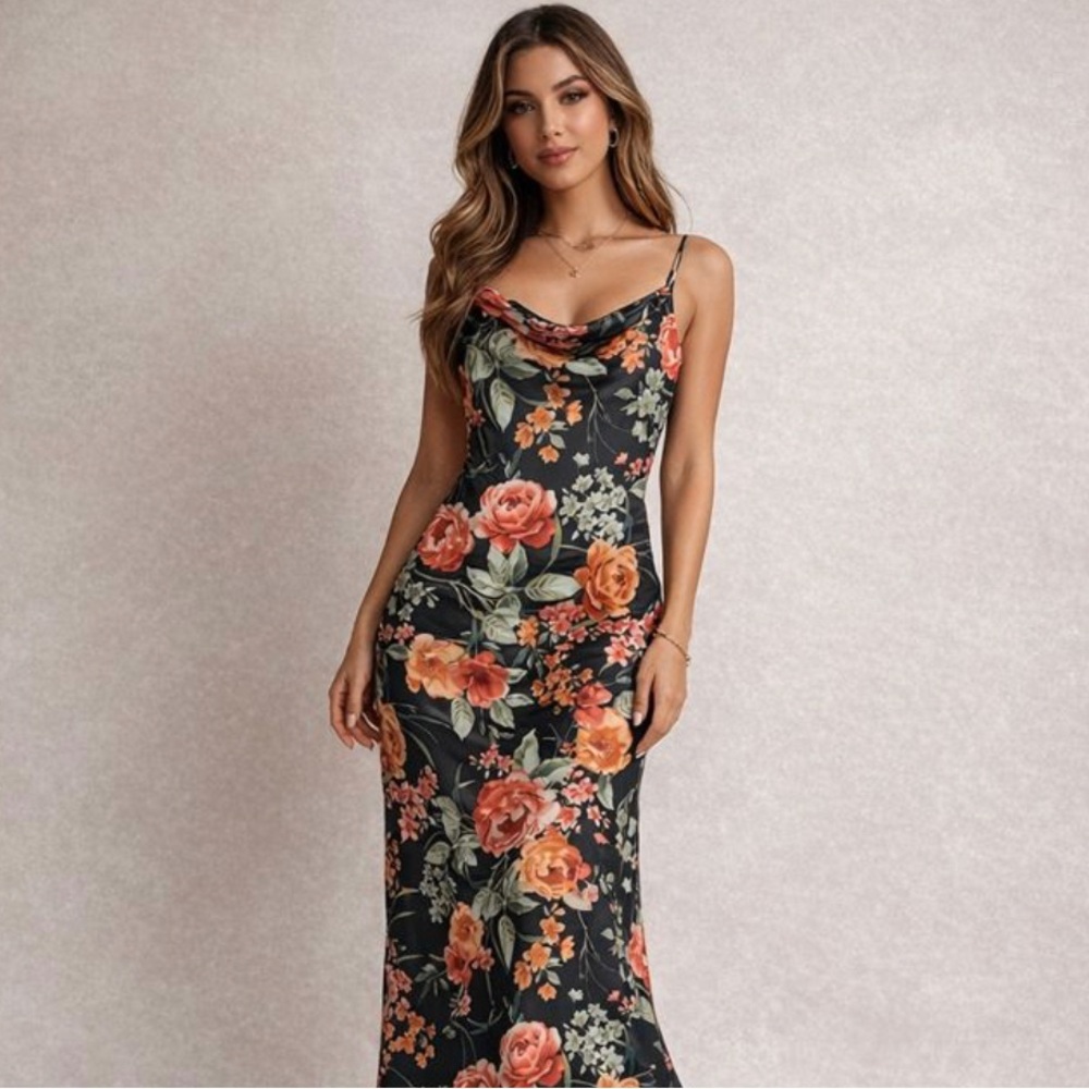 BY&BY Floral Womens Spaghetti Strap Lace and Slit Midi Dress Size Small Elegant
